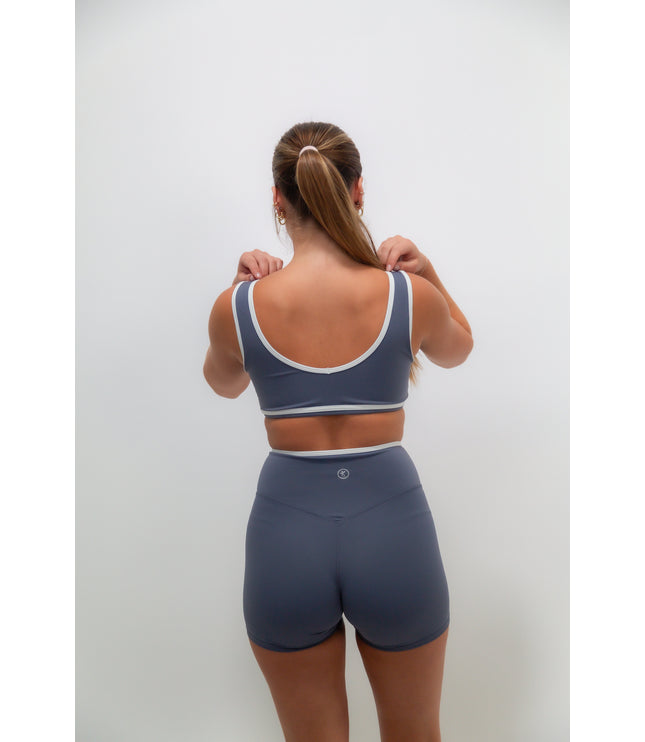 I Am Right Where I Need To Be Slate Blue Butter Sports Bra