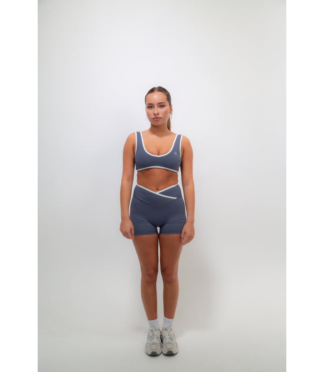 I Am Right Where I Need To Be Slate Blue Butter Sports Bra