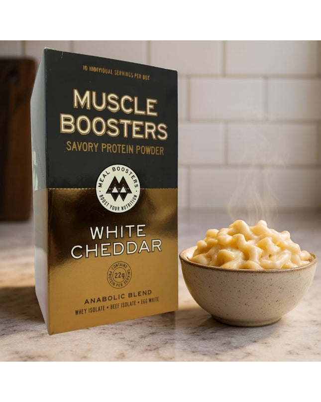 Muscle Boosters White Cheddar Box - Organic Grass-Fed Whey Protein Isolate (10 Single Serve Packs)