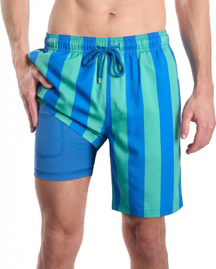 Men’s Premium Compression-Lined Hybrid Shorts – Coastal Cabana - Ocean and Palm