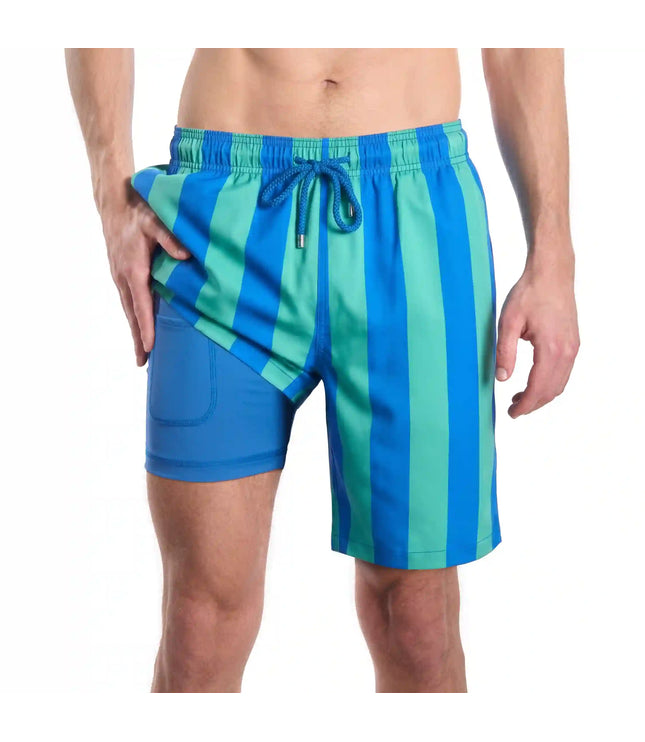 Men’s Premium Compression-Lined Hybrid Shorts – Coastal Cabana - Ocean and Palm