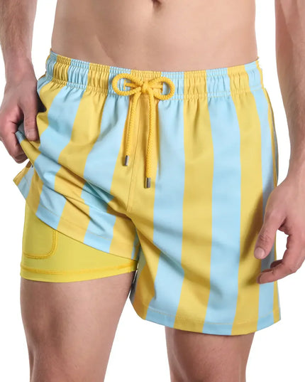 Men’s Premium Compression-Lined Hybrid Shorts – Coastal Cabana - Sun and Sky
