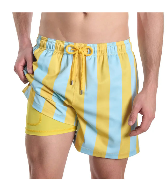 Men’s Premium Compression-Lined Hybrid Shorts – Coastal Cabana - Sun and Sky