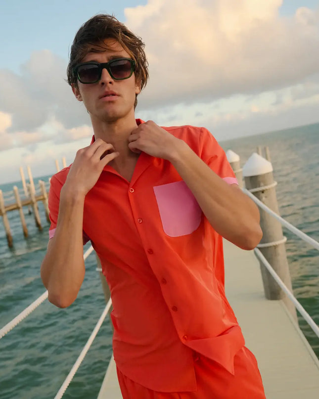 Men’s Short Sleeve Tailored Fit Button-Down Shirt – Coral Flame