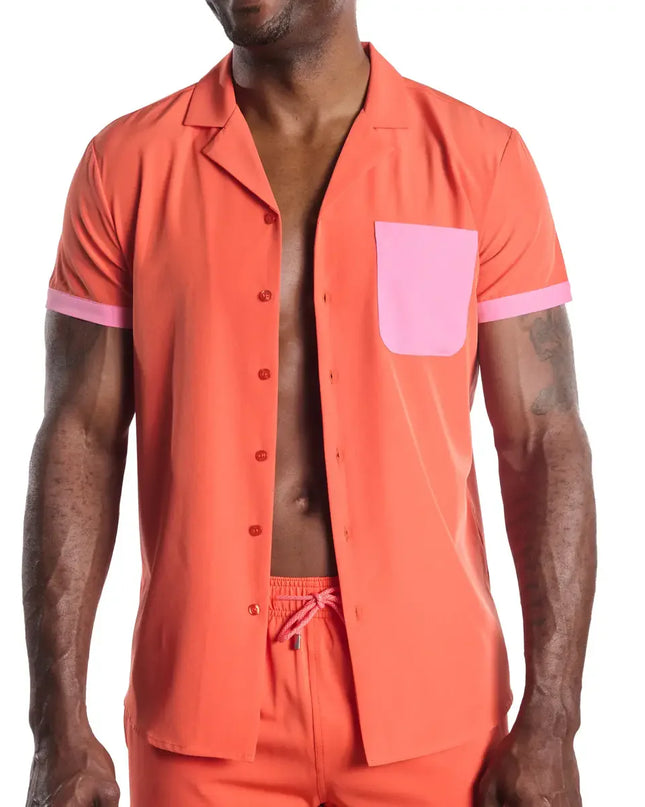 Men’s Short Sleeve Tailored Fit Button-Down Shirt – Coral Flame