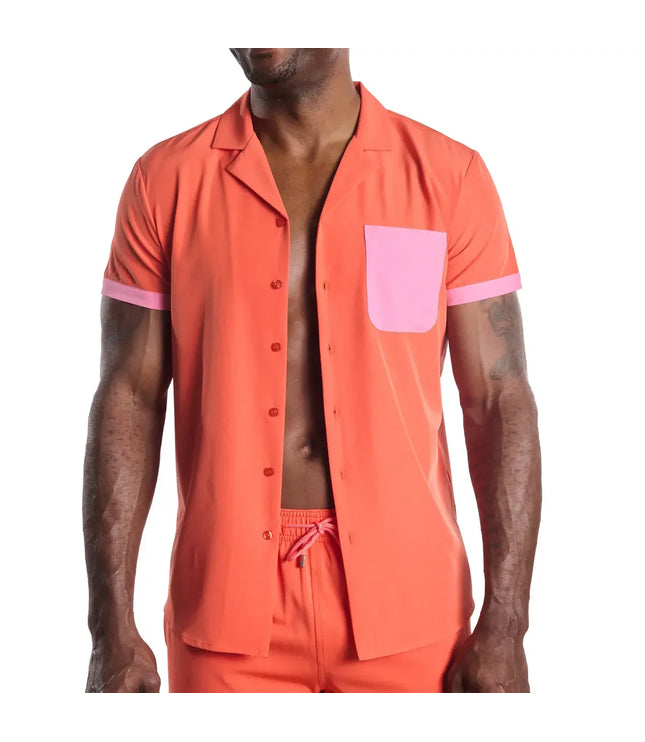 Men’s Short Sleeve Tailored Fit Button-Down Shirt – Coral Flame