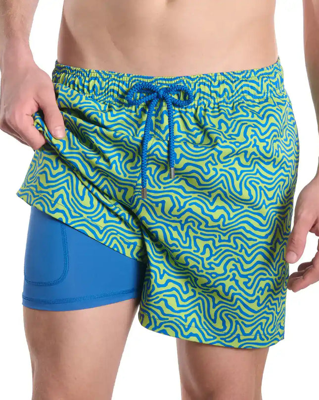 Men’s Premium Compression-Lined Hybrid Shorts – Deco Maze-Key Lime