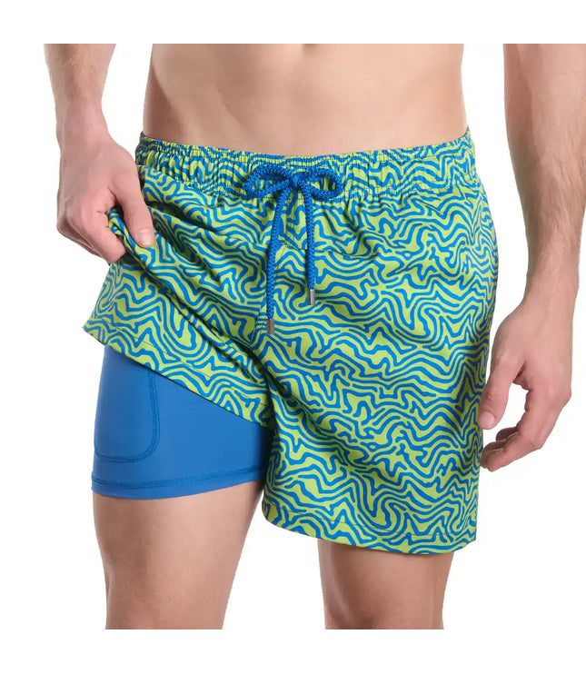 Men’s Premium Compression-Lined Hybrid Shorts – Deco Maze-Key Lime