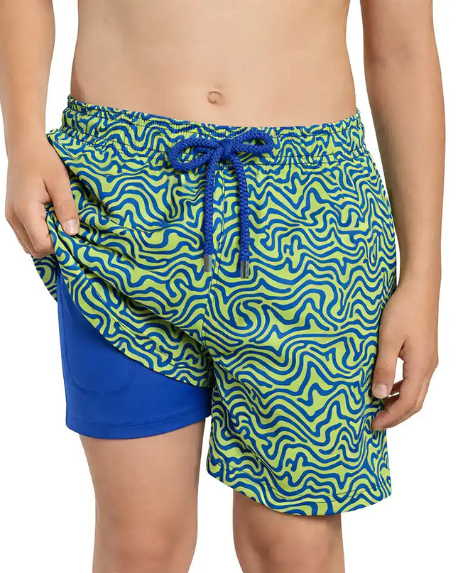 Boys Hybrid Swim & Play Shorts – Deco Maze - Key Lime