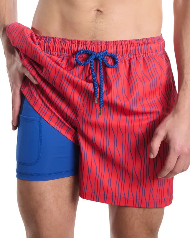 Men’s Premium Compression-Lined Hybrid Shorts – Linear Drift-Blaze and Harbor