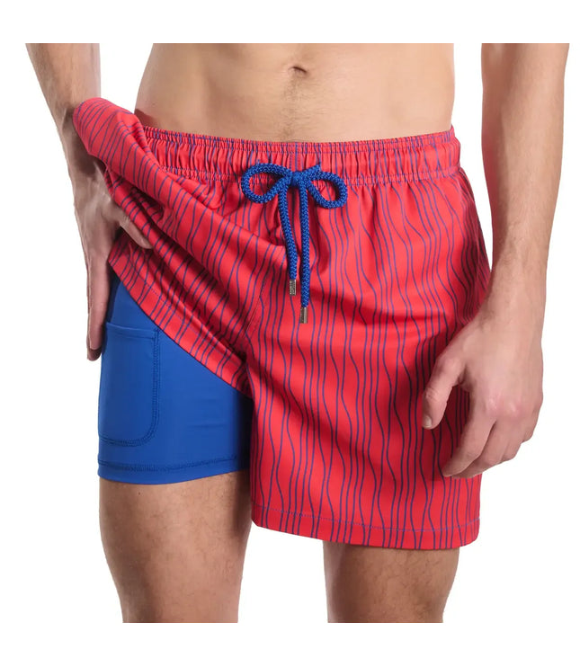 Men’s Premium Compression-Lined Hybrid Shorts – Linear Drift-Blaze and Harbor