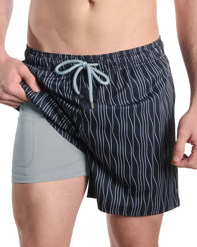Men’s Premium Compression-Lined Hybrid Shorts – Linear Drift-Storm and Fog
