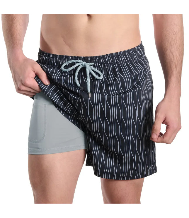 Men’s Premium Compression-Lined Hybrid Shorts – Linear Drift-Storm and Fog