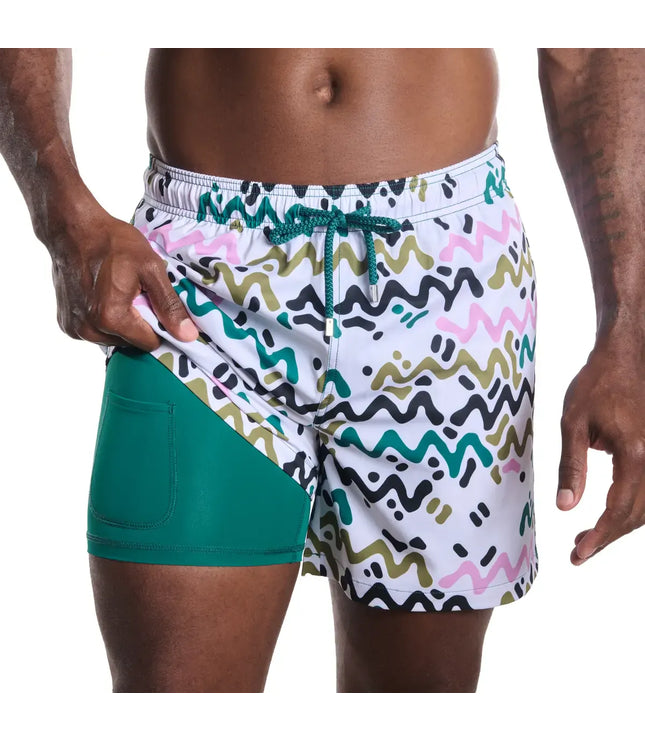 Men’s Premium Compression-Lined Hybrid Shorts – Line Rush-Orchid and Kelp