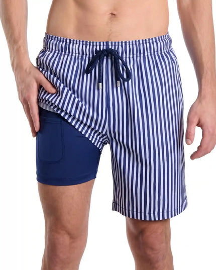 Men’s Premium Compression-Lined Hybrid Shorts – Marina Pinstripe-Indigo and Surf