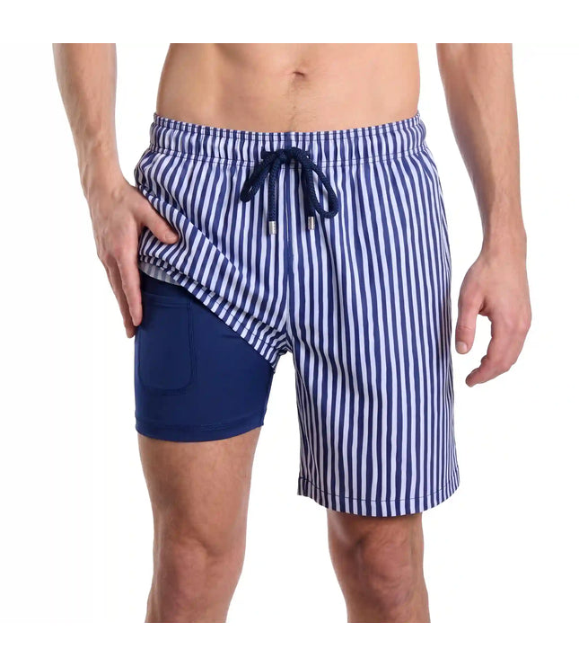 Men’s Premium Compression-Lined Hybrid Shorts – Marina Pinstripe-Indigo and Surf