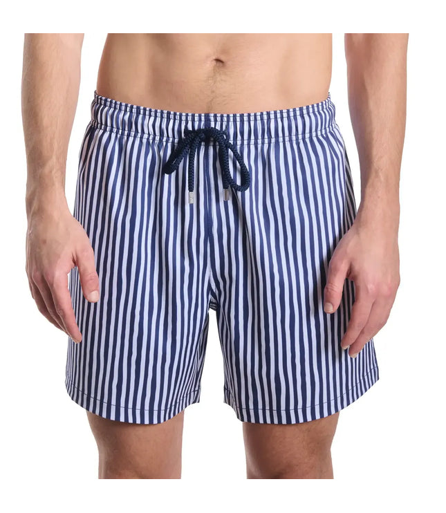 Men’s Premium Compression-Lined Hybrid Shorts – Marina Pinstripe-Indigo and Surf