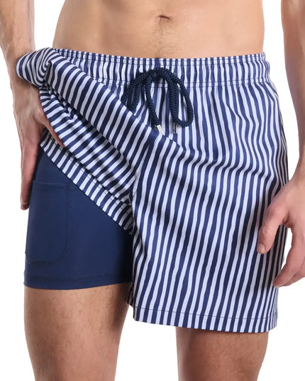 Men’s Premium Compression-Lined Hybrid Shorts – Marina Pinstripe-Indigo and Surf
