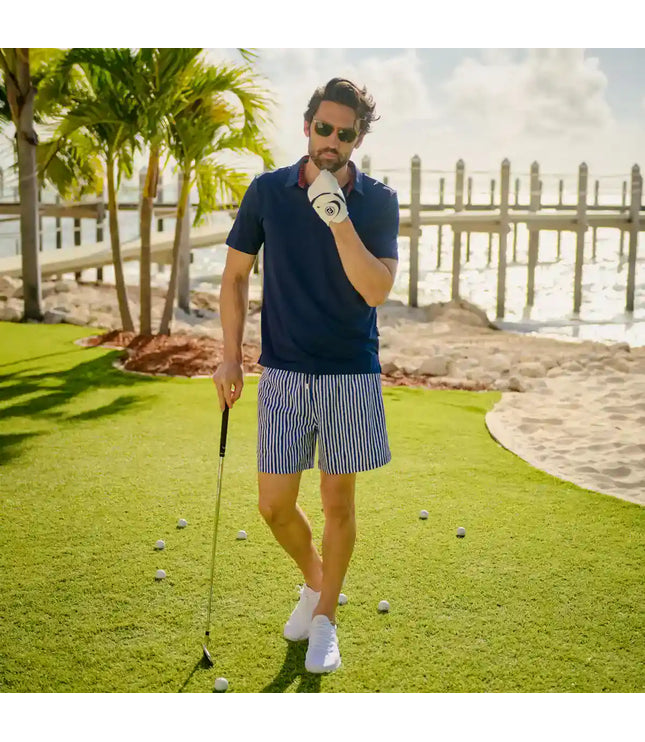 Men’s Premium Compression-Lined Hybrid Shorts – Marina Pinstripe-Indigo and Surf