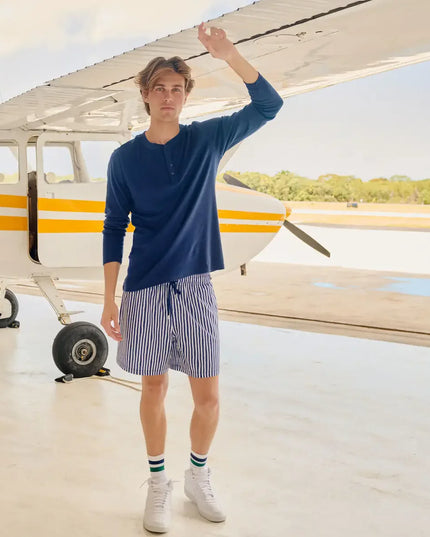 Men’s Premium Compression-Lined Hybrid Shorts – Marina Pinstripe-Indigo and Surf