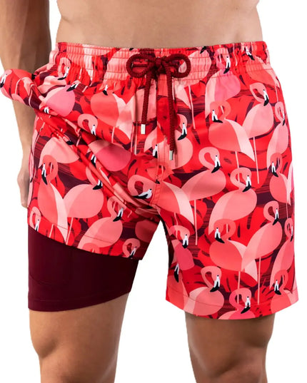 Men’s Premium Compression-Lined Hybrid Shorts – Pink Flamingos