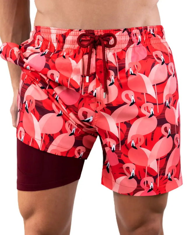 Men’s Premium Compression-Lined Hybrid Shorts – Pink Flamingos