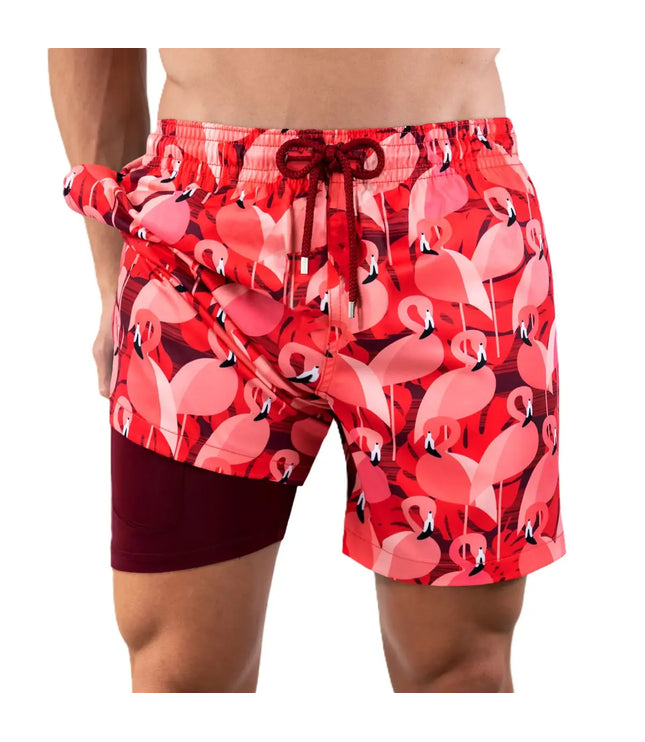 Men’s Premium Compression-Lined Hybrid Shorts – Pink Flamingos
