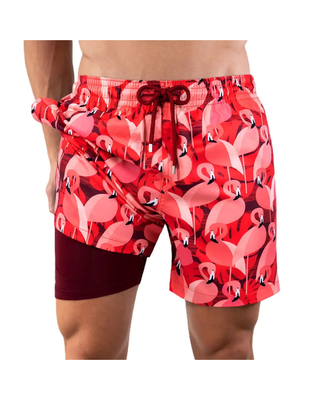 Men’s Premium Compression-Lined Hybrid Shorts – Pink Flamingos