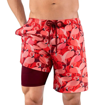Men’s Premium Compression-Lined Hybrid Shorts – Pink Flamingos