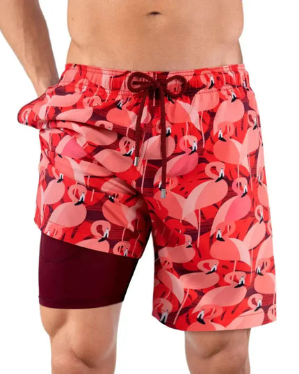 Men’s Premium Compression-Lined Hybrid Shorts – Pink Flamingos
