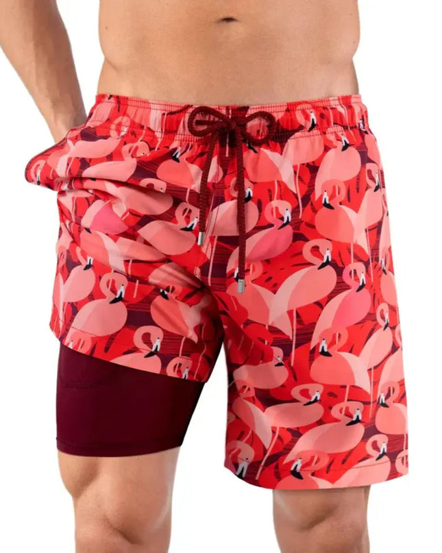 Men’s Premium Compression-Lined Hybrid Shorts – Pink Flamingos