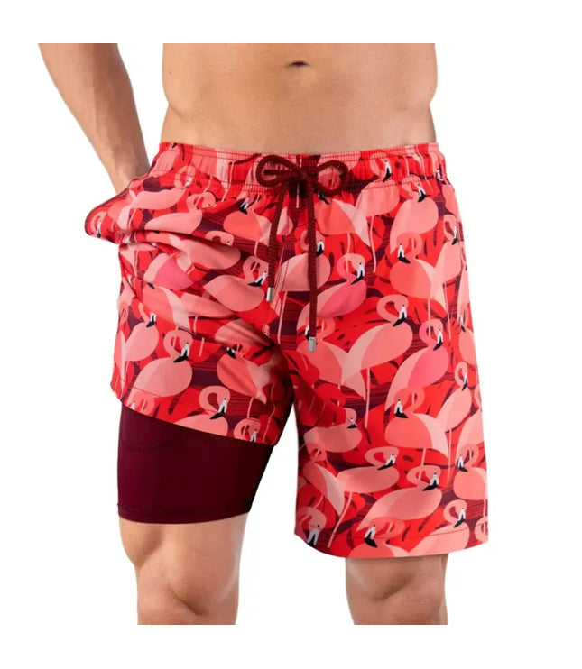Men’s Premium Compression-Lined Hybrid Shorts – Pink Flamingos