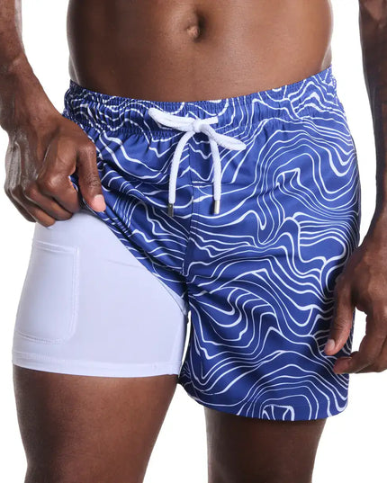 Men’s Premium Compression-Lined Hybrid Shorts – Sand Waves-Harbor and Surf