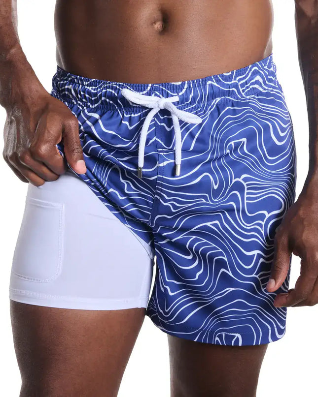 Men’s Premium Compression-Lined Hybrid Shorts – Sand Waves-Harbor and Surf
