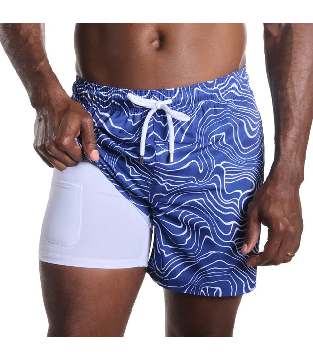 Men’s Premium Compression-Lined Hybrid Shorts – Sand Waves-Harbor and Surf
