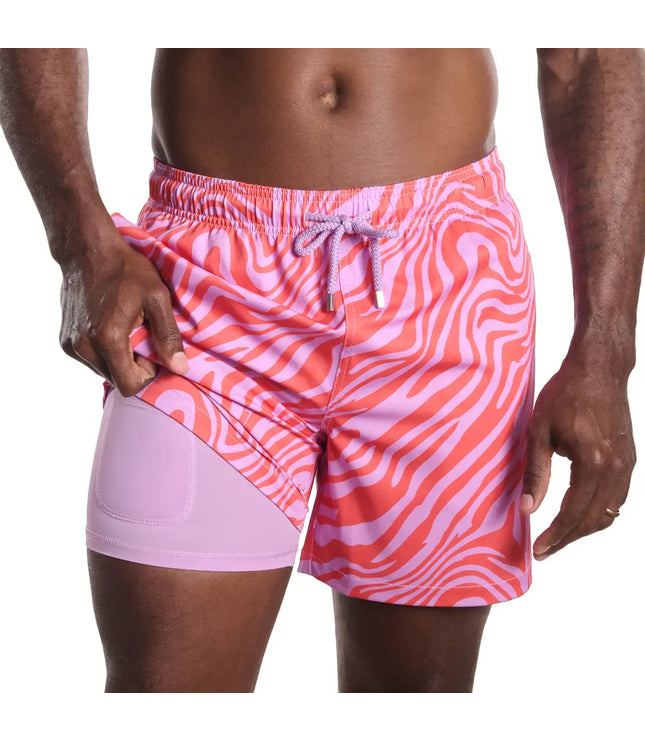 Men’s Premium Compression-Lined Hybrid Shorts – Tropical Swirl - Coral and Orchid