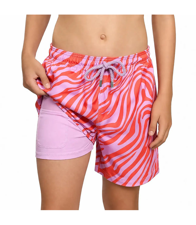 Boys Hybrid Swim & Play Shorts – Tropical Swirl - Coral and Orchid