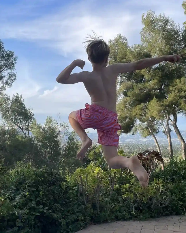 Boys Hybrid Swim & Play Shorts – Tropical Swirl - Coral and Orchid