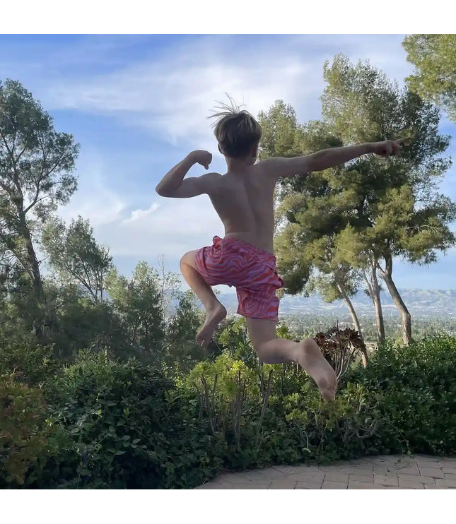 Boys Hybrid Swim & Play Shorts – Tropical Swirl - Coral and Orchid