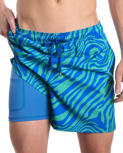 Men’s Premium Compression-Lined Hybrid Shorts – Tropical Swirl-Ocean and Palm