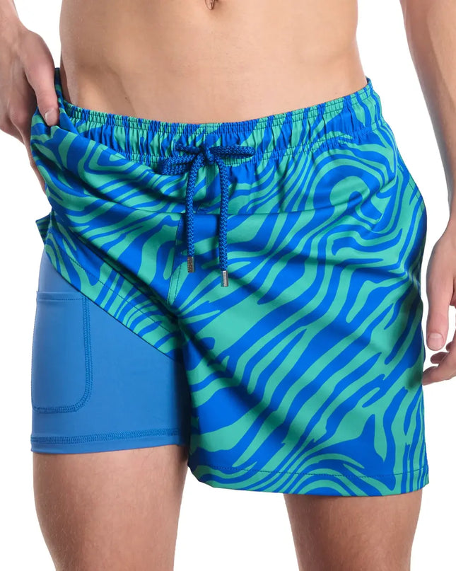 Men’s Premium Compression-Lined Hybrid Shorts – Tropical Swirl-Ocean and Palm